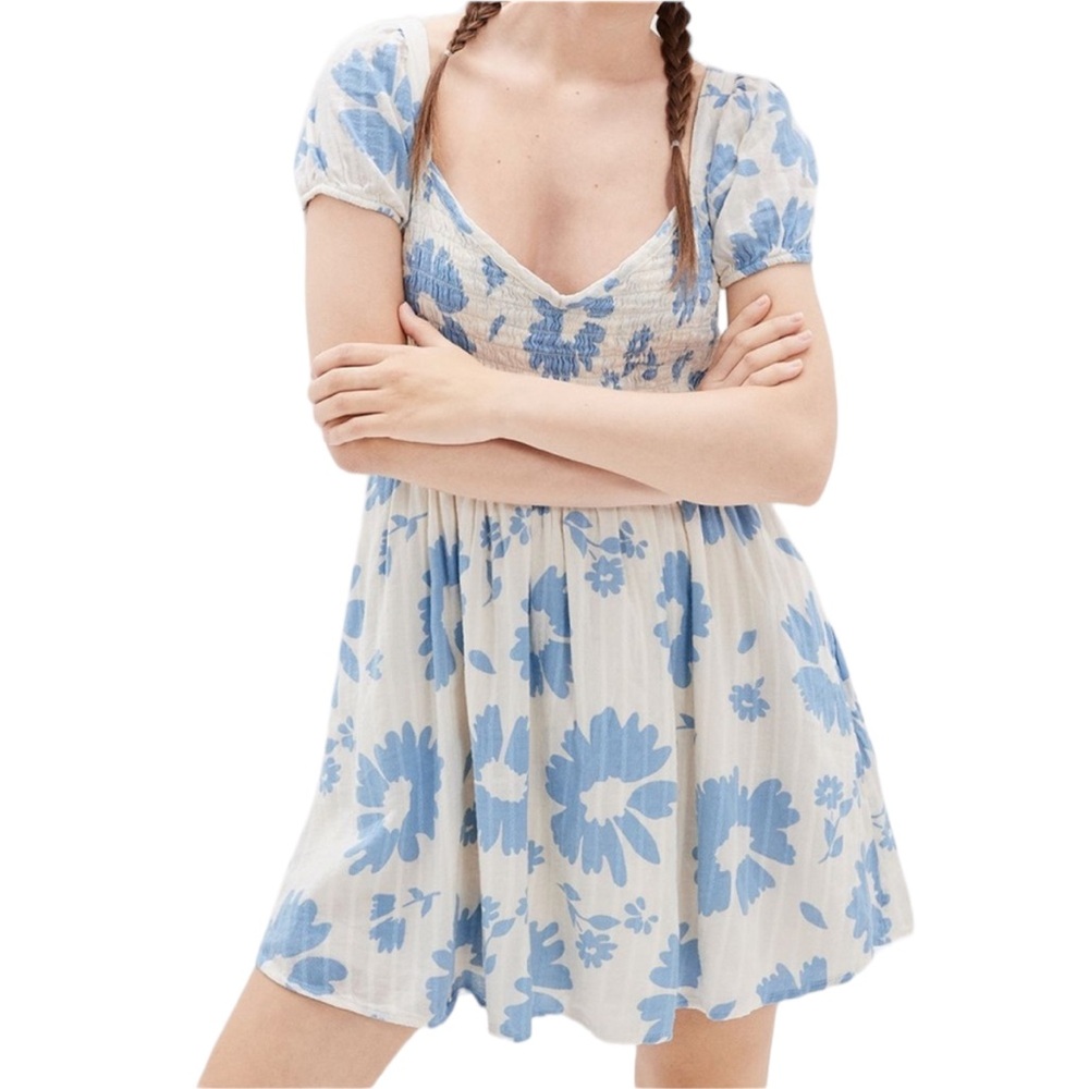 NEW American Eagle women’s gauze puff sleeve mini dress size S floral print blue